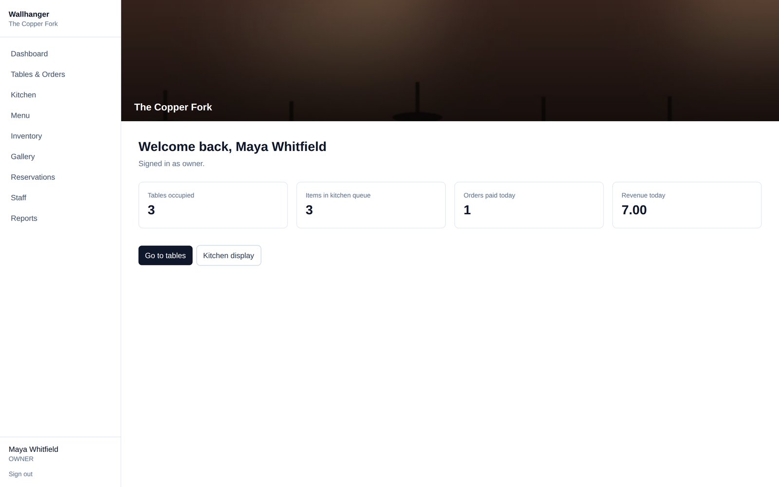 Wallhanger dashboard showing today's tables, kitchen queue, orders and revenue