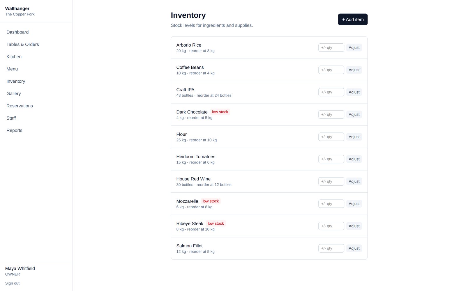 Wallhanger inventory page with stock levels and low-stock flags
