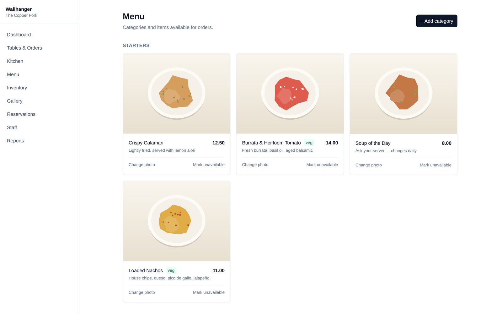 Wallhanger menu page with photos for every dish, organized by category
